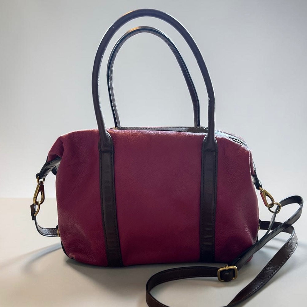 Fossil Magenta Pink Pebbled Leather Satchel Crossbody Bag Brown Trim Brass Purse